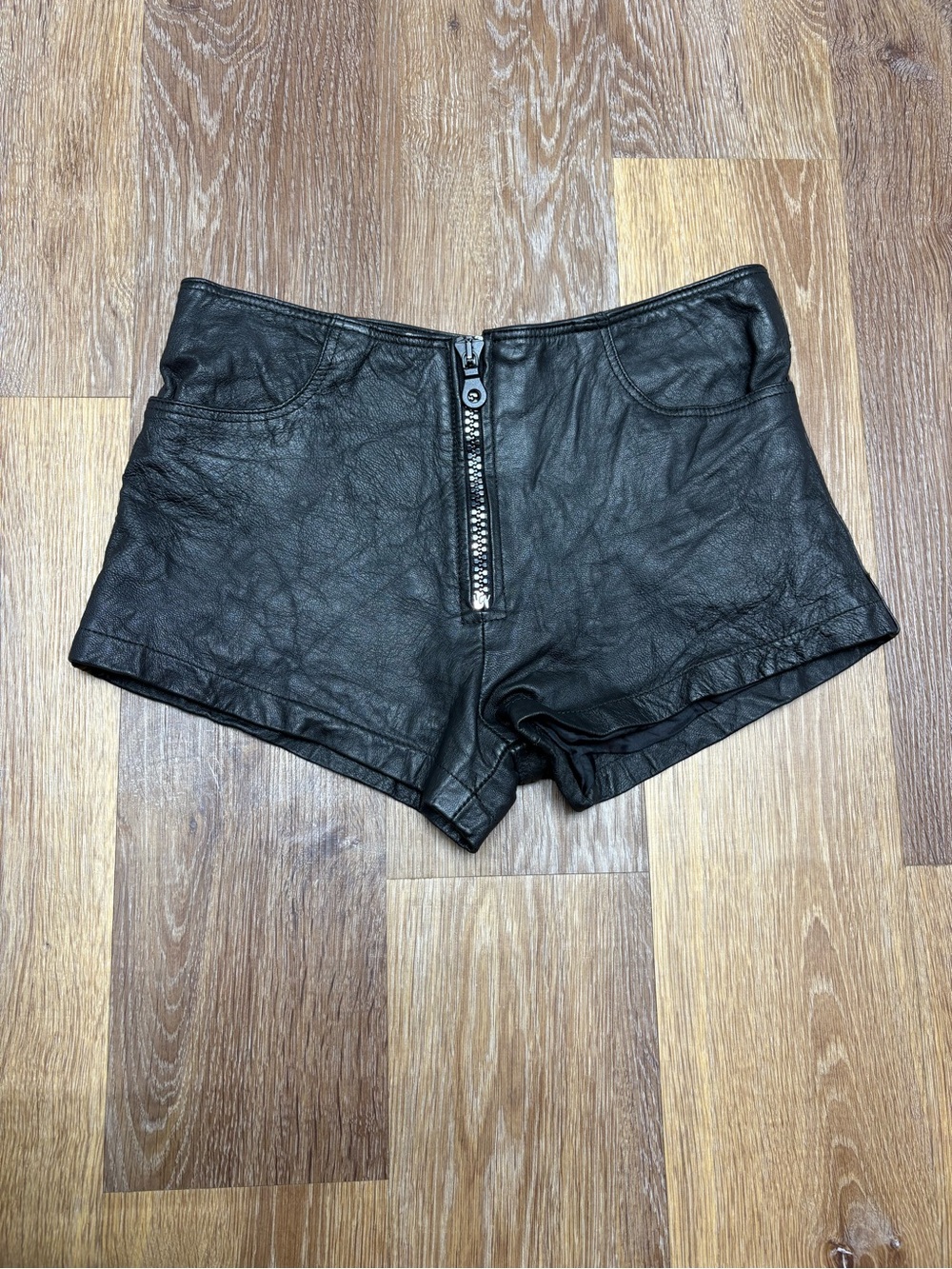 High-Rise Black Faux Leather Women’s Shorts with Front Zip